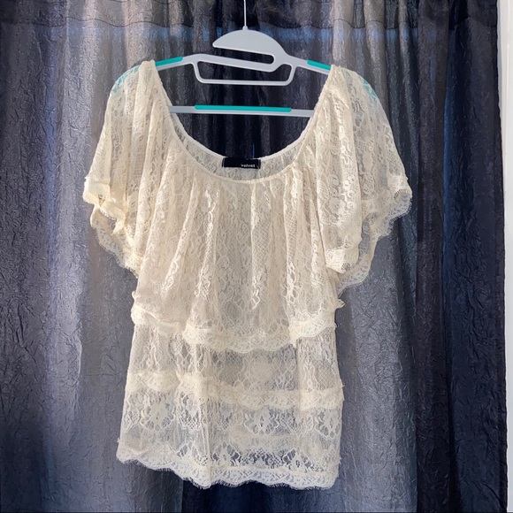Velvet Tops - Velvet Cream Lace Off Shoulder Top